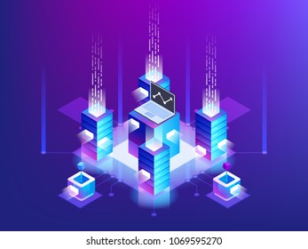 Server room rack, blockchain technology, token api access, data center, cloud storage concept, data exchange protocol. Vector illustration 