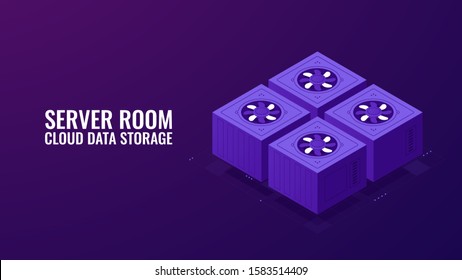 Server room rack, data center isometric icon, data processing system and database concept, ultraviolet vector illustration