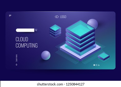 Server room rack, database and data center isometric cion, server cabinet farm, cloud computing dark neon vector background