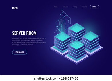 Server room rack isometric icon, banner of digital technology, cloud storage security concept, database and data center icon, dark neon vector