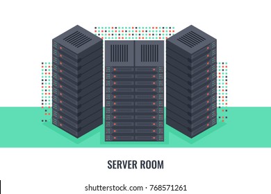 Server room rack isometric style, server row on abstract background