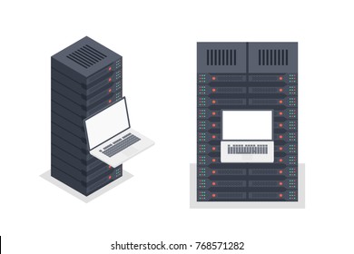 Server room rack, remote control vector isometric, repair and restore server equipment concept, hosting configuration isolated on white