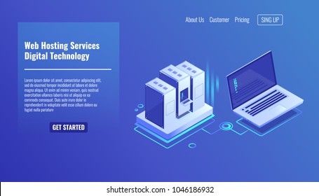 Server room rack, remote system administration, outsourcing service, computing technologies isometric vector icon Server room rack, remote system administration, outsourcing service, computing technologies isometric vector icon