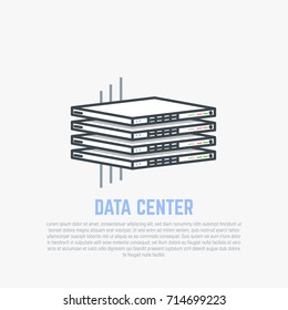 Server room rack. Thin server hardware with internet cables in isometric perspective. Cloud storage concept. Flat style line modern vector illustration with retro colors.