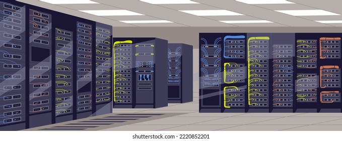 Sala de servidores con racks, equipo, armarios, clúster de hardware para el almacenamiento de información digital. Alojamiento de Internet, red, sistema de tecnología de telecomunicaciones. Ilustración vectorial plana