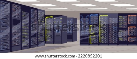 Server room with racks, equipment, cabinets, computer hardware cluster for digital information storage. Internet hosting, network, telecommunication technology system. Flat vector illustration