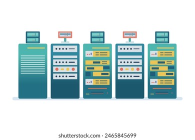 Serverraum-Racks isoliert auf weißem Hintergrund. Cloud-Systemkonzept. Rechenzentrum. Datenspeicherung. Cloud-Speicher. Computertechnologie flache Darstellung.