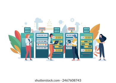 Server room racks isolated on white background. Cloud system concept. data center. data storage. cloud storage. computing technology flat illustration.