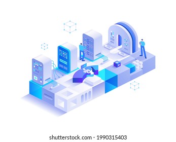 Server room racks isometric concept. People working on datacenter, data processing, cloud storage, cloud storage, web hosting, tech support team.  Vector character illustration in isometry design