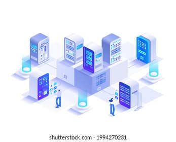 Server room racks isometric concept. Engineering team works at hardware cloud database room, maintenance and tech support. Data center infrastructure. Vector character illustration in isometry design