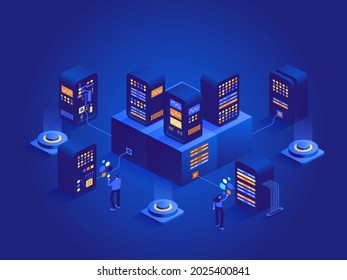 Server room racks isometric concept. Engineering team works at hardware cloud database room, maintenance and tech support. Data center infrastructure. Vector character illustration in isometry design