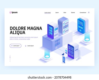 Server room racks isometric concept. People working on datacenter, data processing, cloud storage, cloud storage, web hosting, tech support team.  Vector character illustration in isometry design