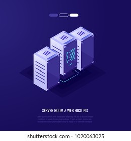 Server room, row of three server rack, data center, futuristic technology concept, data storage, database icon, isometric vector illustration ultraviolet background