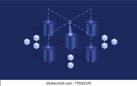 Server room scheme infrastructure, technology background with server room unit in isometric style, datacenter and data storage concept, client internet traffic concept flat vector illustration