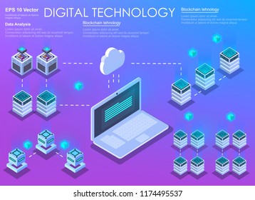 Server room. Software development and programming. Flat isometric illustration. Coding creative program or system process.