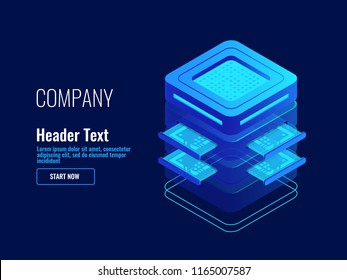 Server room, supercomputer, artificial intelligence ai, memory slot, data saving, digital technology tech isometric vector illustration