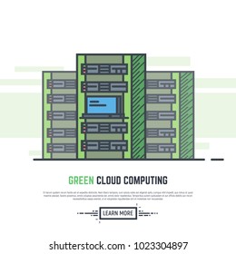 Serverraum mit drei großen Türmen. Cloud-Computing-Banner. Grüne umweltfreundliche Leistung für Cloud-Computing. Hosting-Provider oder Netzwerksystem. Trendy Line Vektorillustration Illustration.