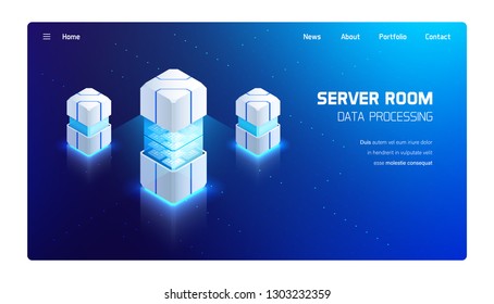 Server room vector isometric illustration, big data processing, futuristic technology