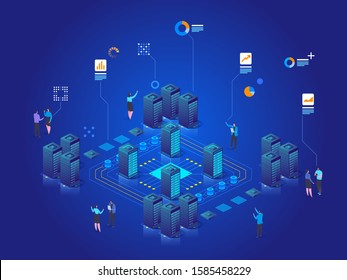 Server room, virtual reality, super computer, smart technology concept. Business platform, data analysis isometric vector illustration. Businessmen and businesswomen working with charts and diagrams. 