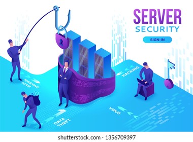 Server security 3d isometric vector illustration, data protection concept, firewall attack, phishing scam, information safety , laptop, computer, bank card