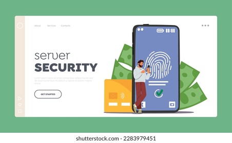Server Security Landing Page Template. Tiny Character Stand By A Giant Phone With Fingerprint On Screen And Bank Cards. Concept Of Data Protection, Cybersecurity. Cartoon Vector Illustration