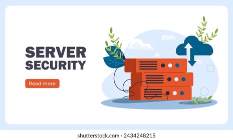 Server security poster. Hardware with electronic storage or achive. Cloud service for data and information exchange online. Landing webpage design. Cartoon flat vector illustration