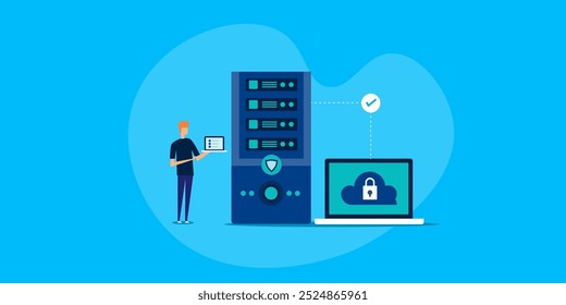 Server security update, Software programmer checking server security, Cloud computing security, Data protection - vector illustration background with character