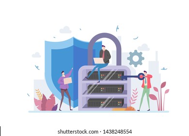 Server Security Vector Illustration Concept Showing a padlock shape server is being guard by network administrator, Suitable for landing page, ui, web, App intro card, editorial, flyer, and banner.