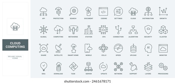 Servicios de servidor para sistema de seguridad y documentos de almacenamiento, protección de acceso digital, conexión de red, símbolos de contorno finos en negro y rojo, Ilustración vectorial. Conjunto de iconos de línea de computación en nube.