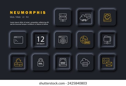 Server set line icon. Vps, dns, ssd, firewall, website, online, folder, letter, cloud saving, gear. Neomorphism style. Vector line icon for business and advertising