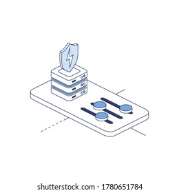 Server settings shield security lightning. Vector 3d line isometric, color web icons set, new flat style. Creative illustration, idea for infographics.