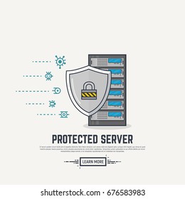 Server with shield protection. Viruses and spam or ddos attack on server. Thick lines and flat style illustration. Server with display and abstract lines. Protection concept. Shield and padlock.