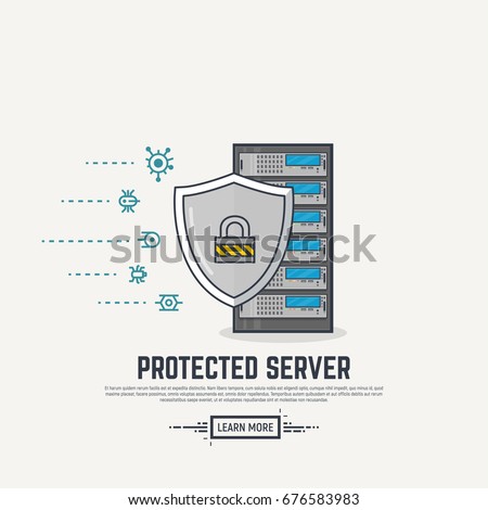 Server with shield protection. Viruses and spam or ddos attack on server. Thick lines and flat style illustration. Server with display and abstract lines. Protection concept. Shield and padlock.