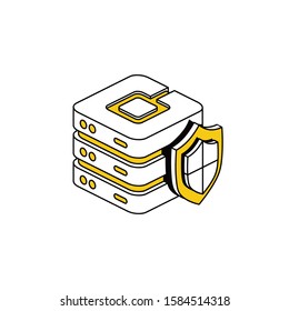 Server shield safe guard security. Vector line, 3d stroke isometric, color web icon, new flat style. Creative illustration design, abstract idea for infographics.