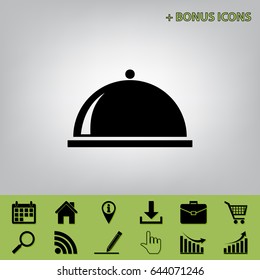 Server sign illustration. Vector. Black icon at gray background with bonus icons at celery ones
