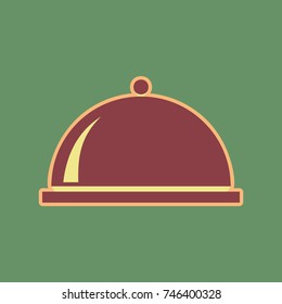 Server sign illustration. Vector. Cordovan icon and mellow apricot halo with light khaki filled space at russian green background.
