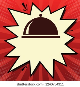 Server sign illustration. Vector. Dark red icon in lemon chiffon shutter bubble at red popart background with rays.