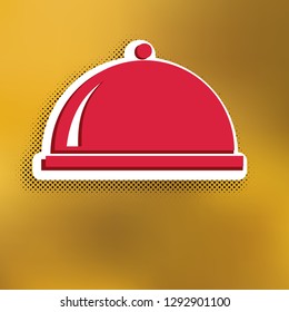 Server sign illustration. Vector. Magenta icon with darker shadow, white sticker and black popart shadow on golden background.