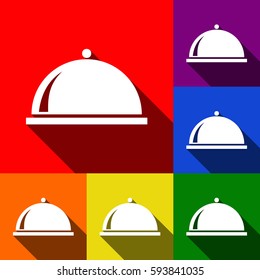 Server sign illustration. Vector. Set of icons with flat shadows at red, orange, yellow, green, blue and violet background.