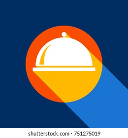 Server sign illustration. Vector. White icon on tangelo circle with infinite shadow of light at cool black background. Selective yellow and bright navy blue are produced.