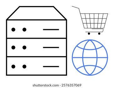 Server stack, shopping cart, and globe with grid. Ideal for technology, e-commerce, global connectivity, network infrastructure, and cloud computing. Minimalist and modern line-art