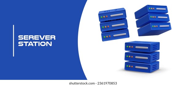 Server station. Storage and processing of information. Archiving. Providing services to large number of consumers. Poster with 3D illustration, place for text