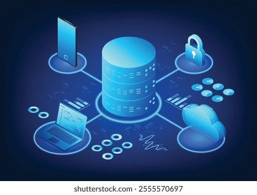 Server technology, connected to the cloud, with notebooks and mobile phones, conveys data processing, online storage and IoT operations, suitable for digital businesses.