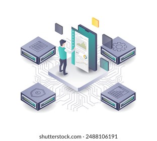 Ilustración isométrica plana del centro de análisis de datos de Tecnología de servidor