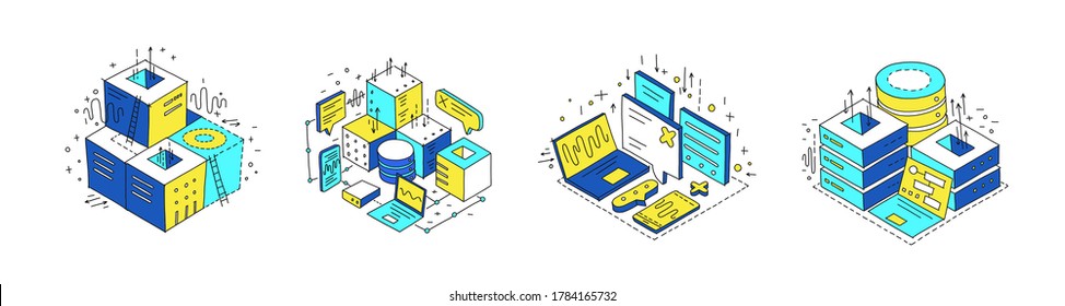 Server technology equipment. Mathematics engineer metaphor. Internet data development. Hand drawn sketch. Vector isometric.