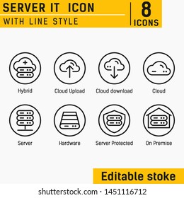 Server IT And Technology Icon Set. Editable Stroke. With Line Style On Isolated Soft Gray Background. Server IT Icon Set Contains Such Icons As Cloud, Hybrid, Server, Hardware, On Premise And Other