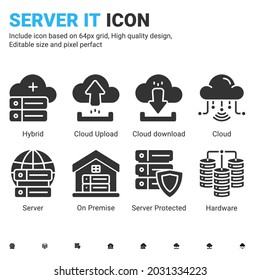 Server IT And Technology Icon Set. Editable Size. With Glyph Style On Isolated White Background. Server IT Icon Set Contains Such Icons As Cloud, Hybrid, Server, Hardware, Database And On Premise