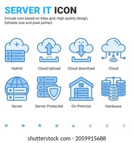 Server IT And Technology Icon Set. Editable Size. With Blue Ui Style On Isolated White Background. Server IT Icon Set Contains Such Icons As Cloud, Hybrid, Server, Hardware, On Premise And Other