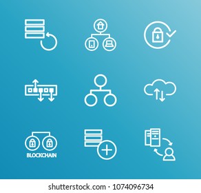 Server technology icon set and internet of things with data recovery, cloud storage and secure connection. Data backup related server technology icon vector for web UI logo design.