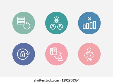 Server technology icon set and vpn server with server/client, no internet connection and data backup. Cluster network related server technology icon vector for web UI logo design.